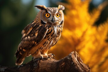 An owl perched on a sturdy tree branch, observing its surroundings with keen eyes.