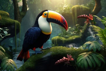 Papier Peint photo Toucan A stunning toucan sits majestically on top of a lush and thriving green forest, Toucan spotted in the jungle, showcasing tropical birds in their natural habitat, AI Generated