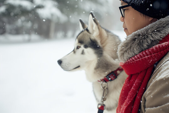 Close-up of Contemplative Woman with Husky in Snowfall, Intimate Winter Moment