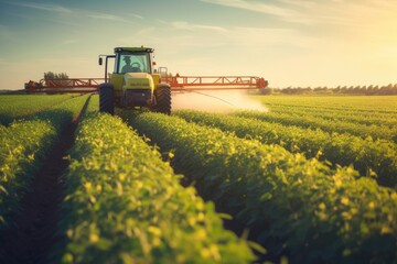 A tractor is seen spraying pesticide on a vivid green field, Tractor spraying pesticides fertilizer on soybean crops farm field in spring evening, AI Generated