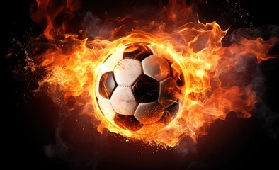 A soccer ball engulfed in flames is captured against a stark black background.