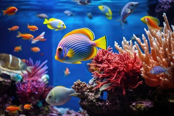 Fototapeta na wymiar Vibrant Fish Aquarium Brimming With Colorful Marine Life, Tropical fish depicted on a coral reef in the ocean, creating an underwater scene, AI Generated