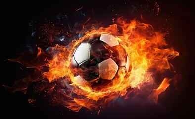 Fototapeta premium A soccer ball, set on fire, is showcased against a dark black background, creating a striking visual.
