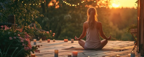 A young woman doing a yoga with candles in spring evening garden