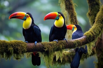 Obraz premium Two toucans sitting together on a branch covered in moss, Two toucans perch on a branch in the vibrant rainforest, AI Generated