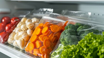 Vacuum bags with different vegetables in the fridge, vacuum bags with vegetables, vegetables vacuumed in the bags, vegetables preserved with vacuumed, vegetables preserved in the fridge, vegetables