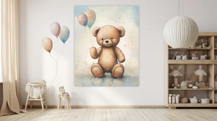 Fotobehang Cute teddy bear artistic illustration painting reproduction kids nursery background © Elchin Abilov