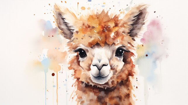Cute alpaca watercolor painting acrylic illustration reproduction