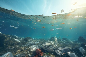 Massive Accumulation of Debris Polluting the Ocean Waters, Underwater view of a pile of garbage in the ocean, 3D rendering, AI Generated