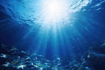 Fototapeta na wymiar Sunlight Shining Through Clear Ocean Waters, Beautiful Natural Phenomenon, Underwater Ocean - Blue Abyss With Sunlight - Diving And Scuba Background, AI Generated