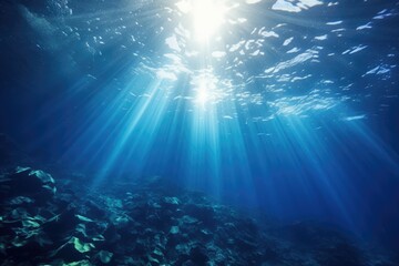 Fototapeta na wymiar Sunlight Filters Through Sparkling Ocean Waves in Stunning Display of Natures Beauty, Underwater Ocean - Blue Abyss With Sunlight - Diving And Scuba Background, AI Generated