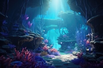 Obraz premium Experience the beauty of an underwater environment teeming with life, featuring stunning corals and vibrant plants, Underwater world depicted in a fantasy landscape, 3D rendering, AI Generated