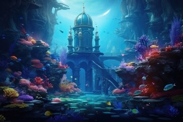 Painting of Building Surrounded by Water, Serene Reflections of Architectural Beauty, Underwater...