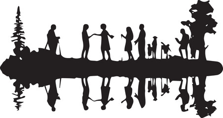 A Family Enjoy and playing by the river silhouette vector illustration