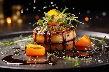 Plate of Delicious Food on Table for a Satisfying Meal, Unveil the culinary artistry with macro food photography, capturing mouth-watering details and inviting appreciation, AI Generated