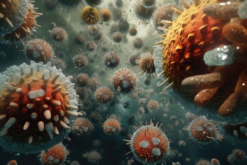 A fascinating photo capturing a group of sea urchins gracefully floating in the beautiful, clear water, Unveil the intricate world of viruses through AI-generated imagery, AI Generated