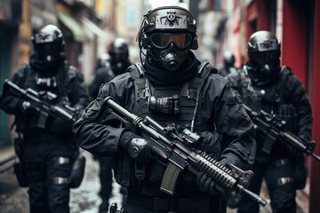 Fototapeta na wymiar Group of Soldiers Walking Down Street, Urban Enforcers, An image of futuristic soldiers in urban warfare gear, wearing face masks to combat airborne threats in a dystopian city setting, AI Generated