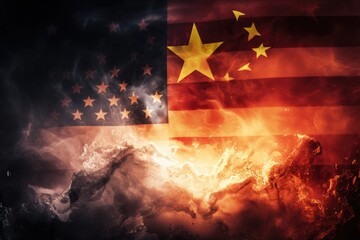Two national flags, the American and Chinese, engulfed in flames symbolizing destruction and conflict, USA vs China flag on fire, with fire separating the two flags, AI Generated