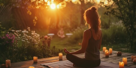 A young woman doing a yoga with candles in spring evening garden - obrazy, fototapety, plakaty