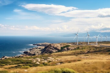 A group of windmills generating renewable energy on a scenic hill overlooking the ocean, View from Cape Kaliakra to an offshore wind farm in Bulgaria, AI Generated