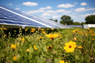 A picturesque field of vibrant yellow flowers with a solar panel in the background, Wildflowers in front of solar panels on a field, AI Generated