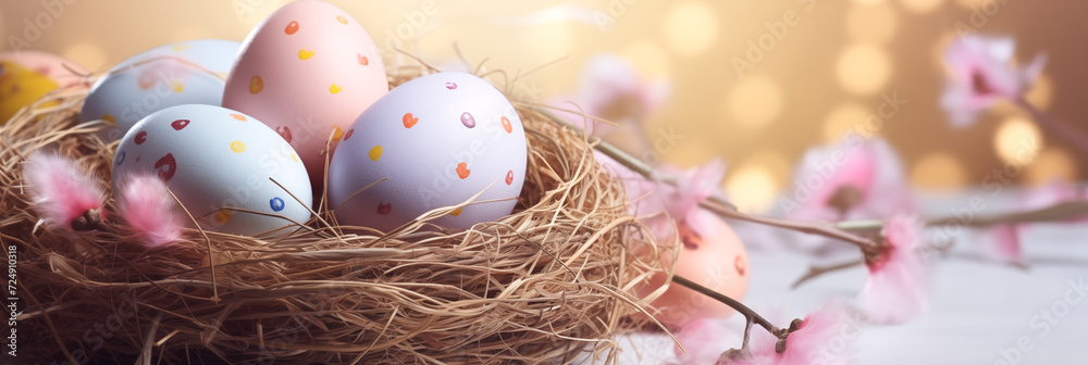 Wall mural colorful easter eggs in nest with soft bokeh and pink blossoms banner. panoramic web header. wide sc