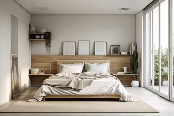 Bedroom decor with white walls, a king sized bed, a study area, and a huge window. idea of rest. Mockup