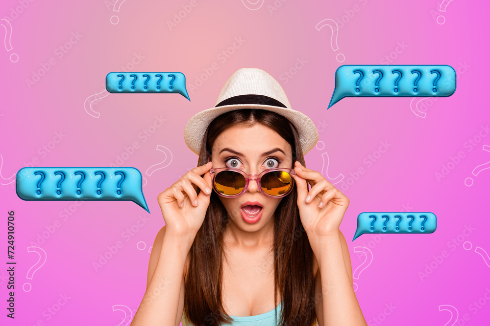 Wall mural Photo collage image of impressed girl with open mouth hand hold sunglass have many questions wtf isolated on colorful gradient background