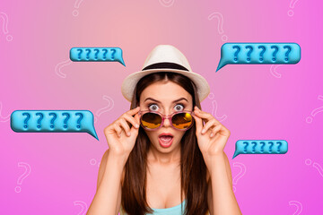 Photo collage image of impressed girl with open mouth hand hold sunglass have many questions wtf...