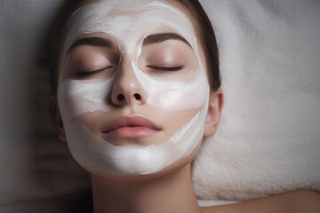 A woman wearing a facial mask to protect herself and others from the spread of germs and maintain hygiene, Woman with eyes closed and white facial mask on face in SPA, AI Generated