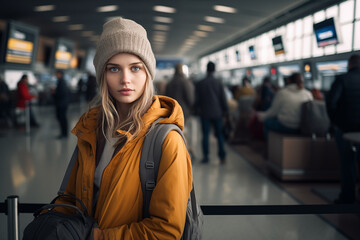 Obraz premium Blonde young woman traveler looking at camera, wearing a yellow jacket, standing at the airport or train station, railway station