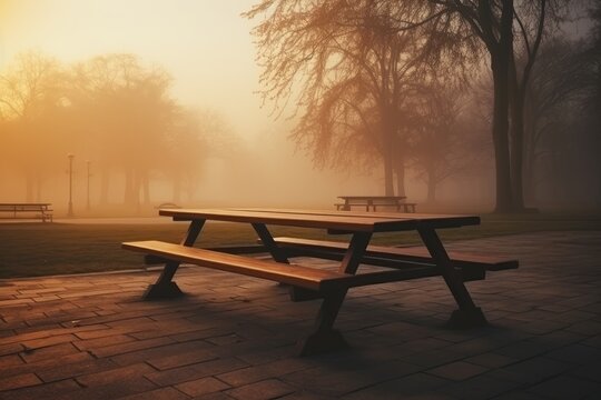 A solitary park bench sits in the middle of a park, providing a tranquil haven for relaxation and contemplation, Wooden table on the background of the evening foggy park, AI Generated