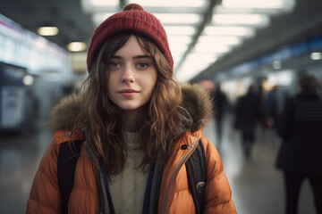 Fototapeta premium portrait of a young woman in the city, student, brunette, in warm clothes and a hat, traveling or going on business, at the airport or train station