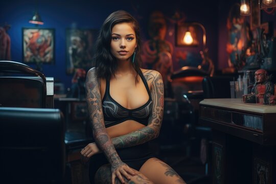 A woman with tattoos is pictured sitting in a chair, displaying her unique body art, Young attractive female tattoo artist in a tattoo parlor, AI Generated
