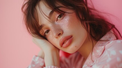 Young woman in pastel-colored clothes and vibrant makeup, posing against a pastel backdrop.