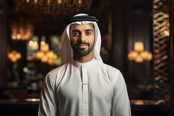 A man wearing a white outfit stands confidently in front of a majestic chandelier, Young Emirati businessman in UAE's traditional, AI Generated