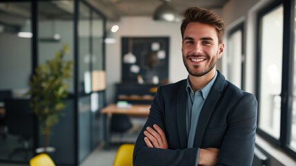 Fototapeta premium Smiling confident young businessman looking at camera standing in office, Ai generated image