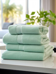 Neatly folded stack towels on a table with a bright window backdrop.