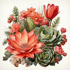 Fototapeta premium Watercolor painted different cacti on a light background.