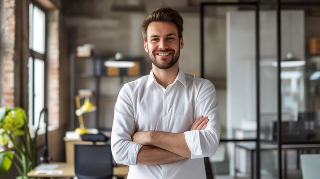 Smiling confident young businessman looking at camera standing in office, Ai generated image