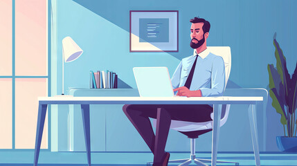 In the style of a 2D illustration, a man office worker is depicted working at a desk with proper posture - obrazy, fototapety, plakaty