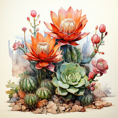 Watercolor painted different cacti on a light background.