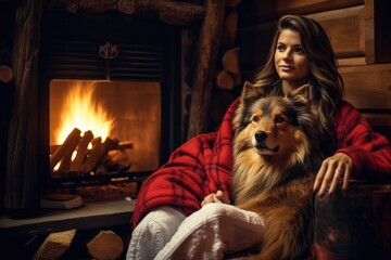 Obraz na płótnie Canvas Cozy scene of a woman sitting alongside a friendly dog in front of a crackling fireplace, Young woman sitting by the fireplace with a cute dog at cozy wooden cabin, AI Generated