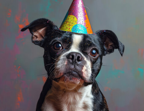 4k wallpaper of boston terrier on purple background. A small dog joyfully wears a party hat during a festive celebration.