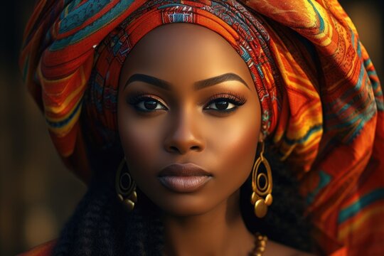 A woman exudes style as she wears a head scarf and earrings, creating a fashionable ensemble, young woman with captivating, radiant features, representing African heritage, AI Generated