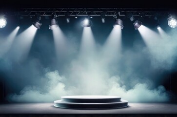 Empty Theater with Smoke, Bright Illumination, and Concert Spotlights, Rock Night Spectacle Spotlighted Stage with Smoke, Ideal for Theatre and Event Backdrops