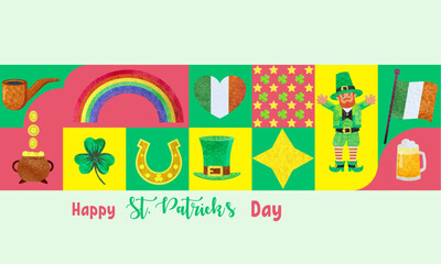 St. Patrick day poster. Watercolor elements banner. Vector illustration in geometric minimalist style.