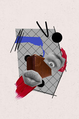 Vertical of chaos illustration collage of absurd man plump lips excited having mess in head before...