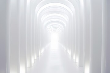  long, white marble perspective  hallway with a white door at the end. The hallway is well-lit with light 