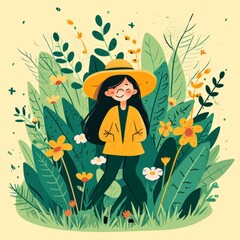 the girl works with pleasure in the garden. modern flat illustration